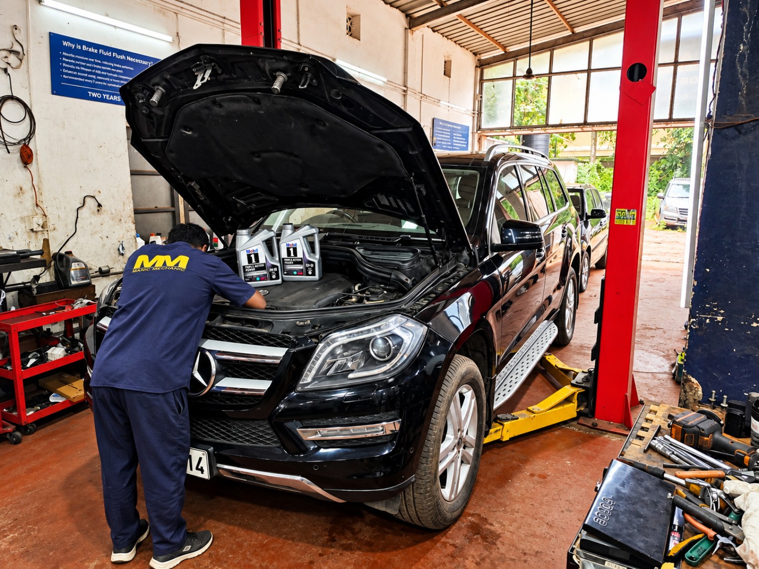 Mercedes-Benz being serviced at Manic Mechanic Goa
