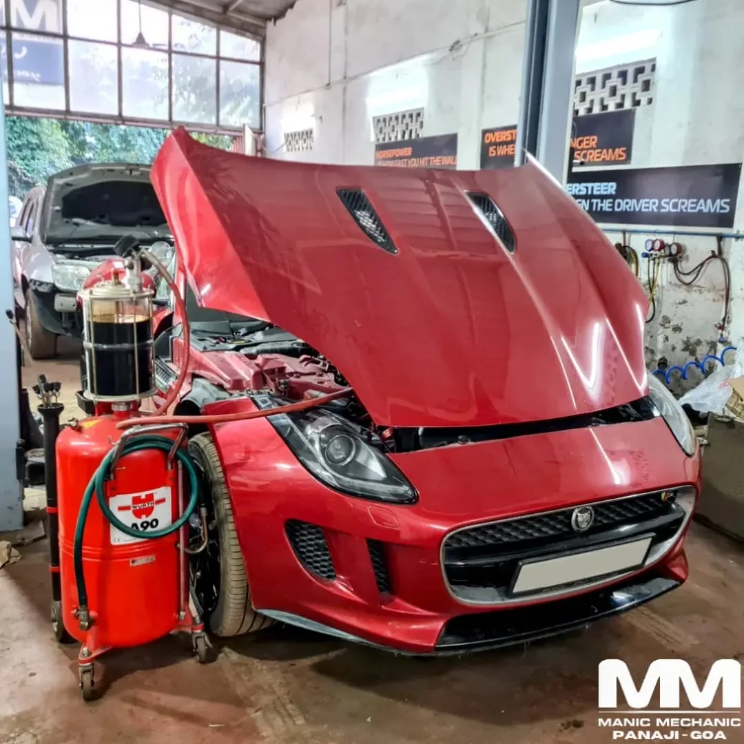 Annual servicing at Manic Mechanic Goa with a Jaguar in the workshop