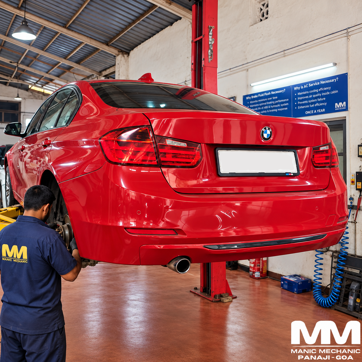 BMW receiving brake maintenance at Manic Mechanic in Panaji, Goa