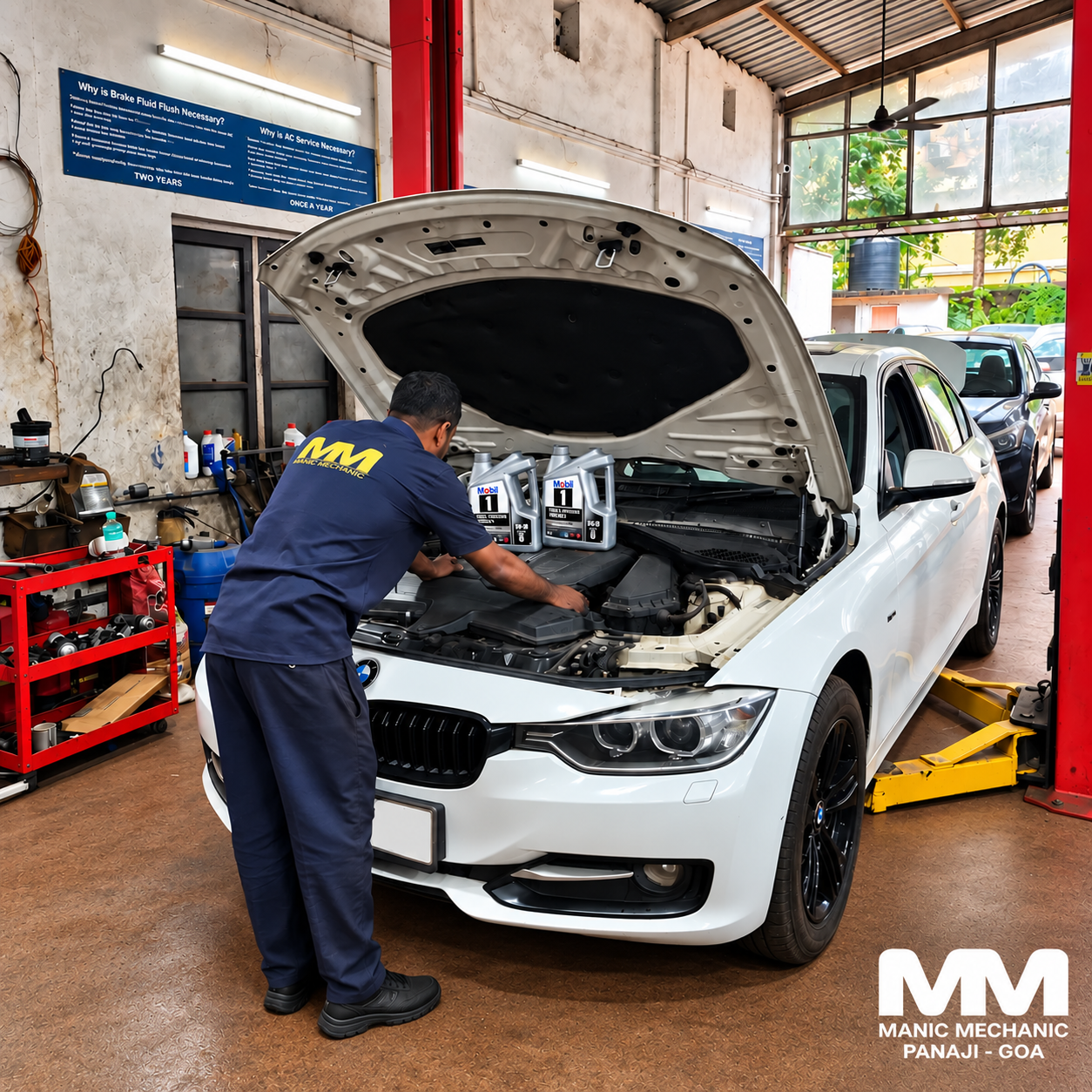 BMW 3 Series receiving an annual service at Manic Mechanic Goa