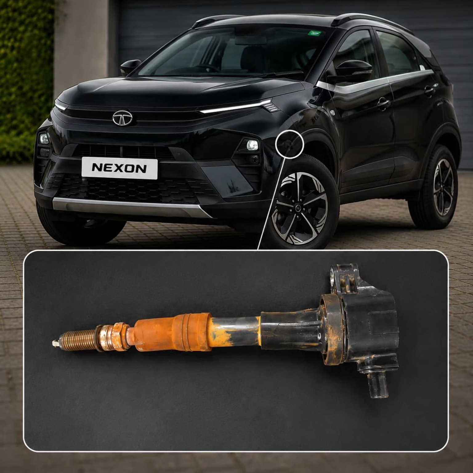 Tata Nexon illustration with a corroded ignition coil and spark plug
